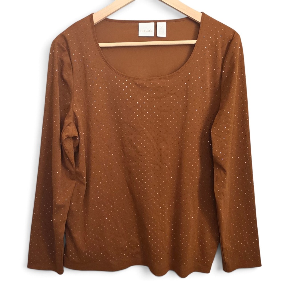 Chicos Top Womens 2 US Large Brown Mesh Embellished Blouse Long Sleeve Casual